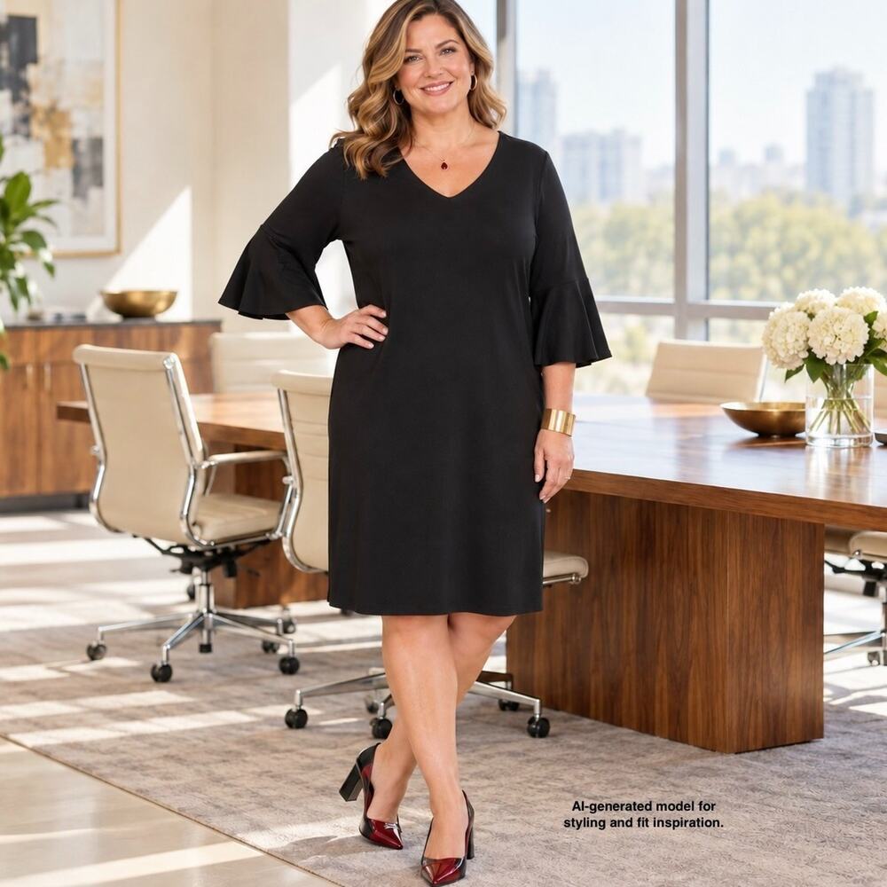 Chico's Black Flounce Sleeve Dress 3.5 US 18 Gold Zip Cocktail Sheath Office LBD